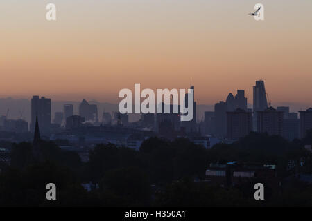 Primrose Hill, London, 4. Oktober 2016. Ein Vogel schwebt in den Himmel am frühen Morgen als Morgendämmerung bricht quer durch London, die Skyline der Stadt in Silhouette zu werfen. Bildnachweis: Paul Davey/Alamy Live-Nachrichten Stockfoto