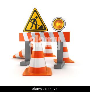 Symbol-Reparatur-Straße und orangen Kegeln (durchgeführt in 3D-Rendering) Stockfoto