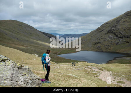 Blick auf landschaftlich Tarn auf den Weg in Richtung große Giebel und Scafell Pike in The Lake District National Park, Cumbria, UK Stockfoto