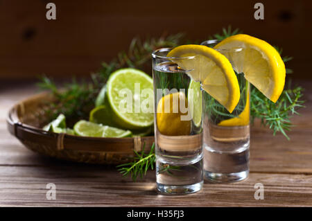 Gin mit Zitrone und Zweige von Wacholder auf dem alten Holztisch Stockfoto