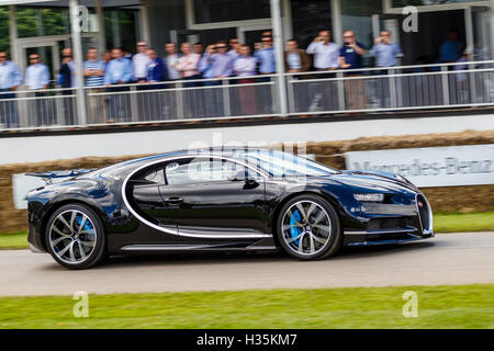 2016 Bugatti Chiron mit Fahrer Andy Wallace auf die 2016 Goodwood Festival of Speed, Sussex, UK. Stockfoto