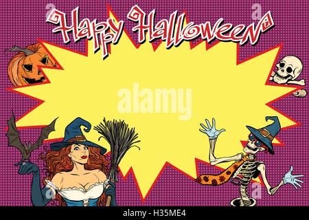 Happy Halloween-Hintergrund mit Hexe, Skelett und Kürbis Stock Vektor