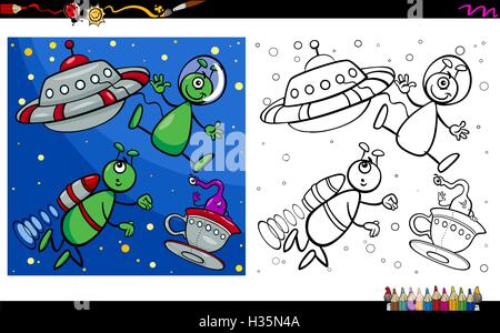 Cartoon-Illustration von Alien Fantasiefiguren Coloring Book Aktivität Stock Vektor