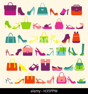 Mode Damen Taschen, Handtaschen und High Heels Schuhe Stock Vektor