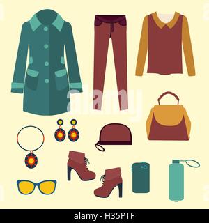 Vektor-Vektor-Mode-Kleidung und Accessoires für Damen für desi Stock Vektor