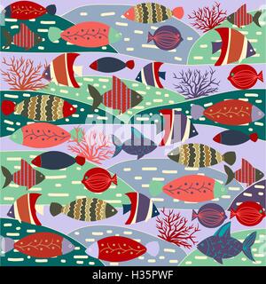 Muster dekorative mit niedlichen bunten Fischen. Stock Vektor
