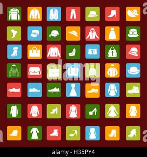 Stellen Sie Ikone von Männern und Frauen Mode Bekleidung und Accessoires Stock Vektor