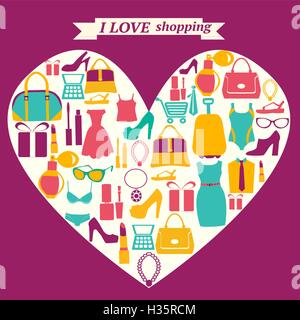 bunte shopping Icons in Herzform. Ich liebe shopping Stock Vektor