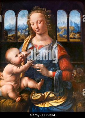 Die Nelke Madonna (Maria mit Kind) von Leonardo da Vinci (1452 – 1519), Öl auf Holz, c.1478-1480 Stockfoto