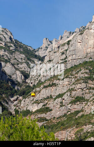 Abtei von Santa Maria de Montserrat in der Spitze des Berges mit der gelben Luftseilbahn Stockfoto