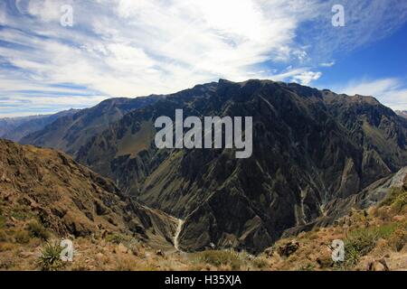 Die tiefen Colca Canyon und Colca Flussschleife, vom Panoramablick in der Nähe von Cruz del Condor. Fisheye Perspektive. Der Colca Canyon, eine Stockfoto