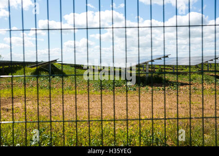 Großen Solarpark hinter einem Drahtzaun. Stockfoto
