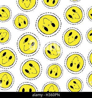 Retro-90er Jahre Stilikone Hand gezeichnete nahtlose Muster mit Smiley-Gesicht Patch in der gelben Farbe. Glückliches Lächeln Design Emoji-Hintergrund. Stock Vektor