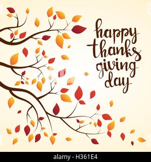 Happy Thanksgiving Day handgezeichnete Schriftzug. Herbst Ast mit bunten Blätter abstrakten Hintergrund für Ihr design Stock Vektor