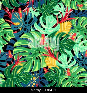 Grafisches Muster mit hellen Blätter Monstera und Frösche auf einem hellen Hintergrund Stock Vektor