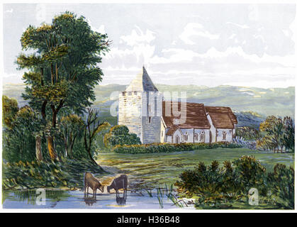 Ein Aquarell Gemälde von St. Nicholas Kirche, Leeds, Kent gescannt und in hoher Auflösung aus einem Buch im Jahre 1869 gedruckt. Glaubten copyright frei. Stockfoto