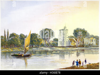 Ein Aquarellgemälde der All Saints Church in Fulham, Middlesex, das in hoher Auflösung aus einem 1869 gedruckten Buch gescannt wurde. Urheberrechtlich geschützt. Stockfoto