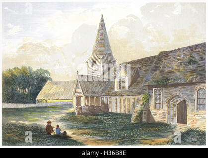 Ein Aquarellbild der St. Andrews Church, Greensted, Essex, gescannt in hoher Auflösung aus einem 1869 gedruckten Buch. Urheberrechtlich geschützt. Stockfoto