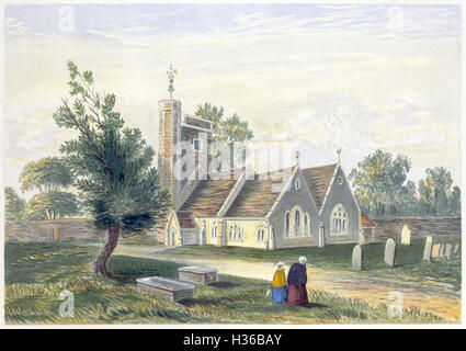 Ein Aquarellgemälde der St. Marys Kirche in Barnes, Surrey, gescannt in hoher Auflösung aus einem 1869 gedruckten Buch. Urheberrechtlich geschützt. Stockfoto