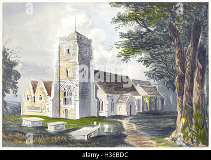 Ein Aquarellgemälde mit dem Titel St. Mary, Beddington, Surrey, gescannt mit hoher Auflösung aus einem Buch, das 1869 gedruckt wurde. Glaubte, dass es keine Urheberrechte gibt Stockfoto