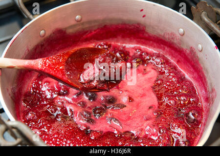 Zwetschgen in jam in einer konservierenden Pfanne Stockfoto