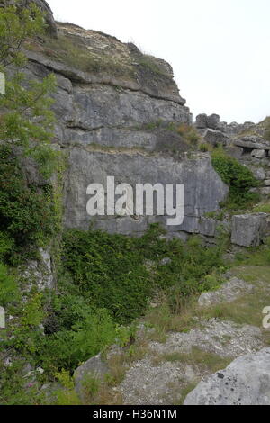 Eine Felswand mit dem fallenden Mann Schnitzen von Sir Antony Gormley Stockfoto