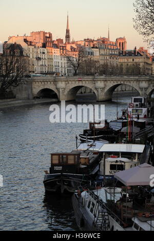 Den Sonnenuntergang am Ufer mit Île De La Cité (Cite Insel) im Hintergrund. Paris. Frankreich Stockfoto