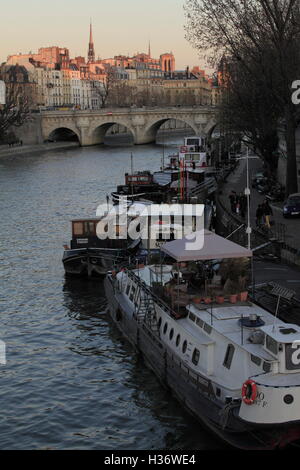 Den Sonnenuntergang am Ufer mit Île De La Cité (Cite Insel) im Hintergrund. Paris. Frankreich Stockfoto