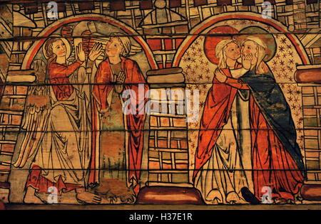 Norwegen. Al, Hallingdal. Malerei der Stabkirche. Mittelalterliche. 13. Jahrhundert. Verkündigung und Heimsuchung (Maria und Elisabeth). Historisches Museum. Oslo. Norwegen. Stockfoto