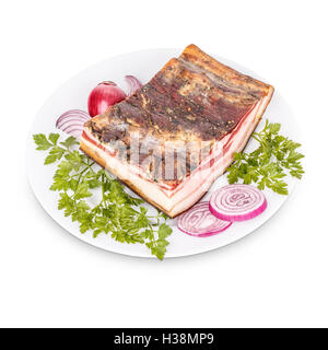 Delicious geräucherter würzigen Speck auf weißen Teller Stockfoto