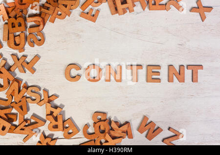 Wort des Inhalts ist Holzbuchstaben auf einem weißen Hintergrund alte geschrieben. Stockfoto