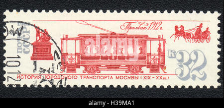 Eine Briefmarke gedruckt in der UdSSR zeigt Moskau Straßenbahn 1912, ca. 1981 Stockfoto