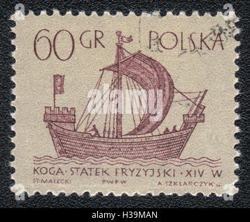 Eine Briefmarke gedruckt in Polen zeigt alten friesischen Segelschiff, ca. 1966 Stockfoto