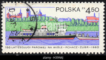 Eine Briefmarke gedruckt in Polen im Jahr 1960 zeigt 150 Jahre Dampfschifffahrt auf der Weichsel - Drücker Zubr, ca. 1979 Stockfoto