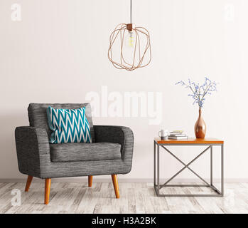 Innenraum der Wohnzimmer mit Tisch, grau Sessel und Lampe, 3D-Rendering Stockfoto