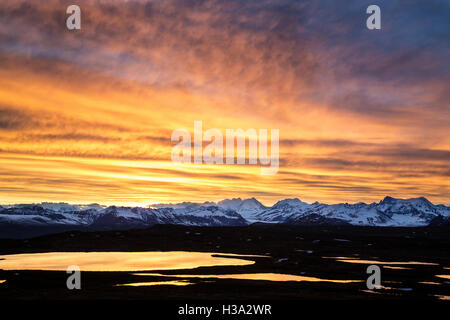 Sonnenuntergang über der Alaskan-Reihe von Bergen auf dem Denali Highway in der Nähe von Paxson, Alaska. Stockfoto