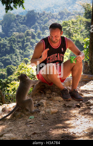 Indonesien, Lombok, Mataram, Pusuk Pass, Affenwald, touristische lange tailed Macaque per hand füttern Stockfoto