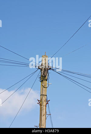 Alten Telegrafenmast und Telefonleitungen vor blauem Himmel Stockfoto