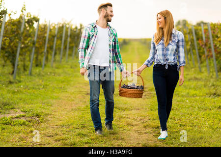 Junges Paar mit einem Korb voller Trauben im Weinberg Stockfoto