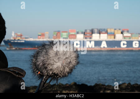 Sound-Künstler Justin Bennett Aufzeichnung Geräusche im und um den Container-Häfen und Windkraftanlagen um Euromax Terminal Stockfoto