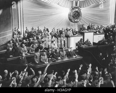 Reichstagssitzung über die Erklärung des Krieges gegen Polen in der Krolloper in Berlin, 1939 Stockfoto