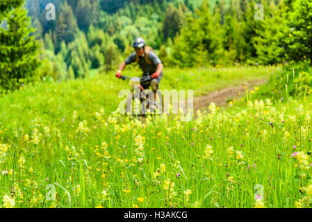 Fahrer, die Teilnahme an Pass'Portes du Soleil MTB 2016 ein Mountain-Bike-Event in der französisch-schweizerischen Grenze Stockfoto