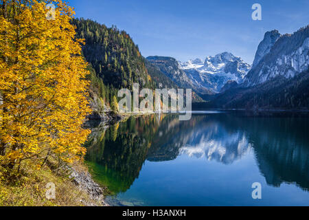 Dachstein Gipfel reflektiert in kristallklarem Gosausee Berg im Herbst, Salzkammergut Region, Oberösterreich, Österreich Stockfoto