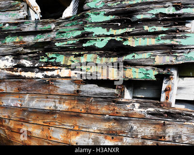 Abblätternde Farbe auf einem alten Holzboot im Little Horseshoe Bay auf der Insel Kerrera Argyll und Bute Schottland Stockfoto