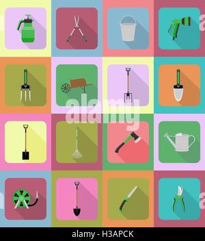 Gartengeräte, flache Symbole-Illustration auf Hintergrund isoliert Vektor Stock Vektor