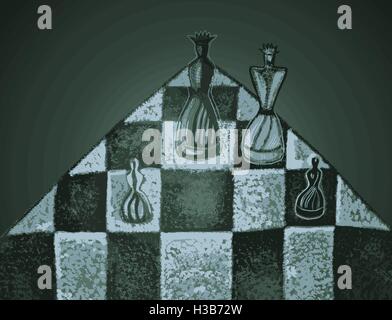 Figuren auf einem Schachbrett. Handgezeichnete Vektor-Illustration in abstrakten Stil. Dramatisches Licht. Stock Vektor