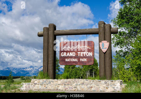 Grand Teton Nationalpark, Eingang Willkommen Schild, Wyoming, USA. Stockfoto