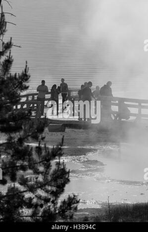 Besucher am Boardwalk anzeigen Geysire und Kochen Pools Federn in West Thumb Yellowstone Nationalpark, Wyoming, USA. Stockfoto