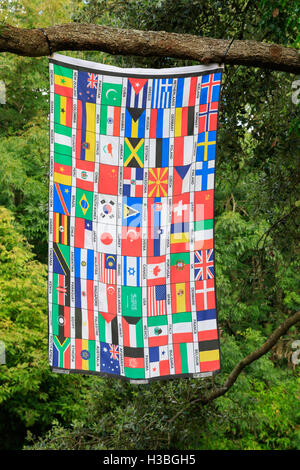Flaggen auf eine Flagge, die an einem Baum hängen. Stockfoto