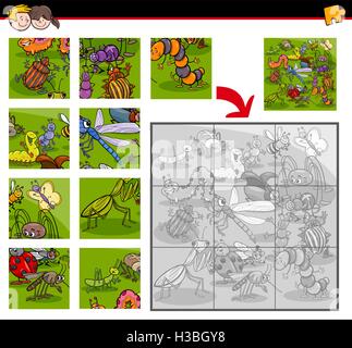 Cartoon Illustration von Jigsaw Puzzle Aktivität Bildungsauftrag für Kinder mit Insekten und Bug tierische Charaktere Stock Vektor